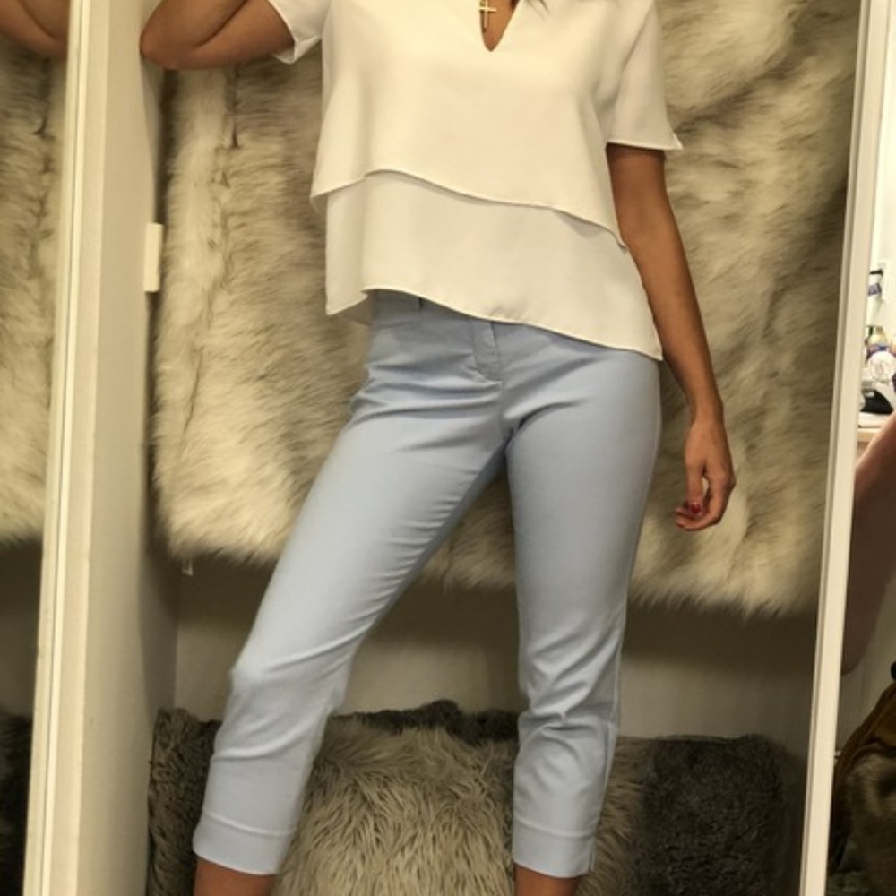 Express Blue work capri pants and white top